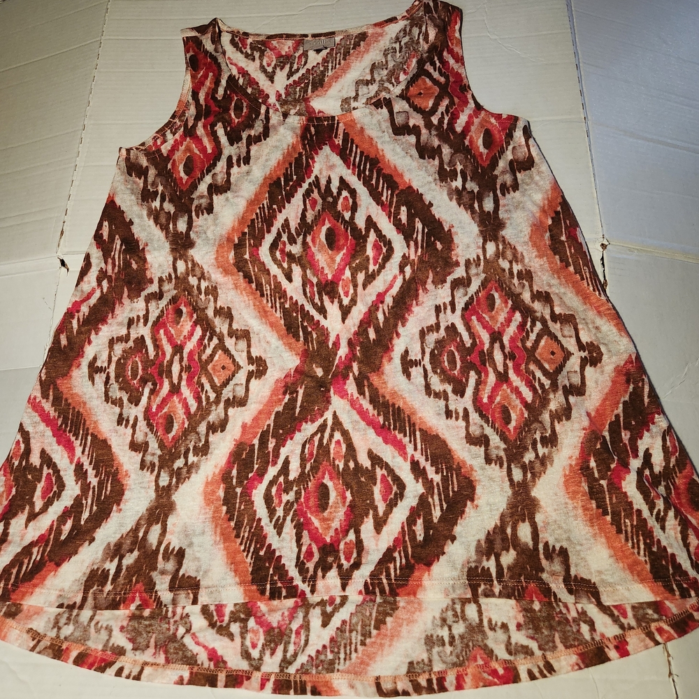 J.Jill Aztek Print Tank Top Womens Small 100% Linen Tan Pink White Boho